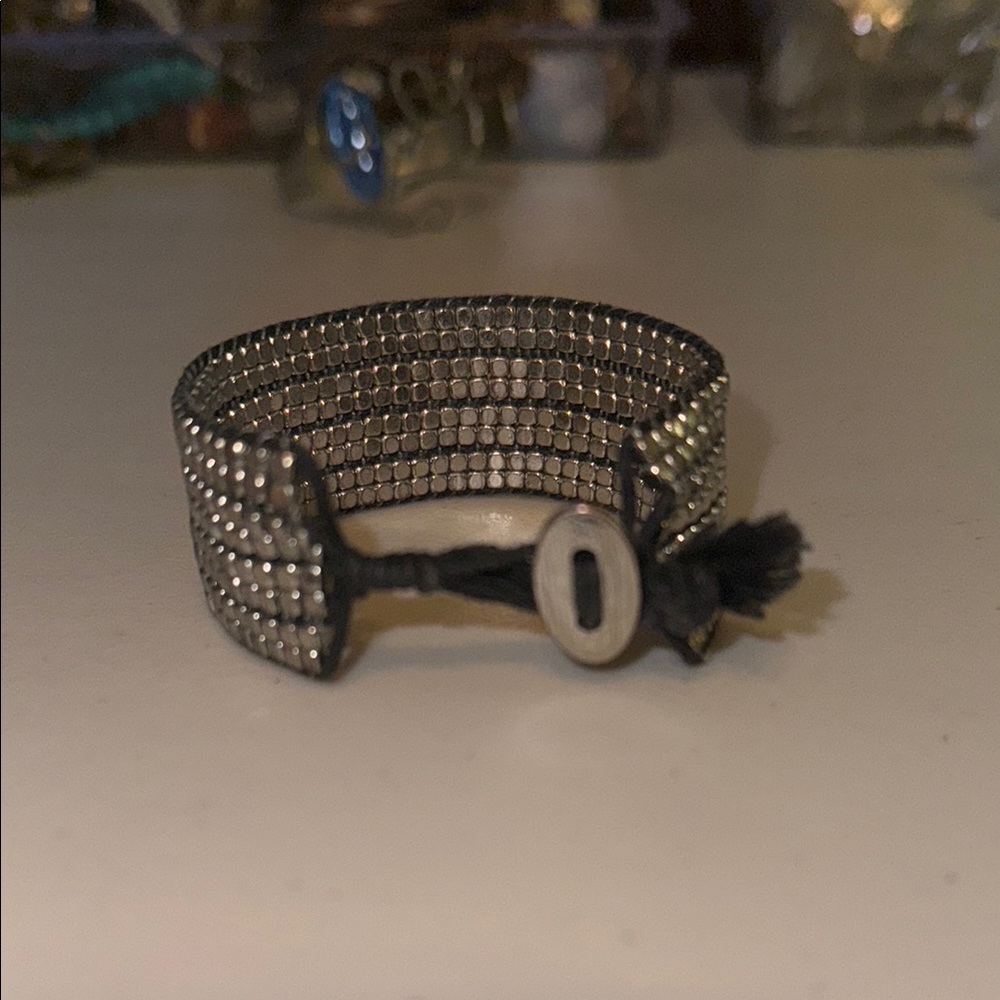 Brown Cord & Silver Beaded Bracelet with Button Closure